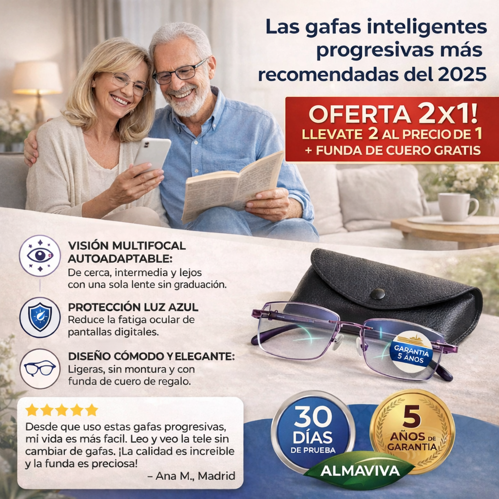 2X1 HOY l Las Únicas Gafas Autograduables Inteligentes Ray™ (Visión clara de cerca, intermedia y lejos en una sola gafa) l Protección Luz Azul y Rayos UV + Funda de cuero GRATIS l 30 días de prueba garantizada