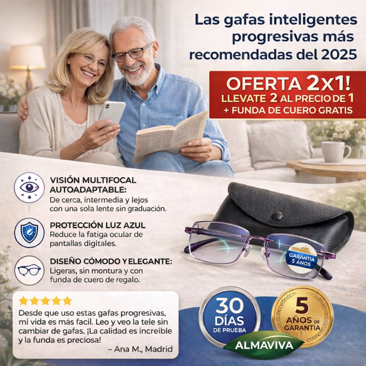 1+1 GRATIS l Las Únicas Gafas Autograduables Inteligentes Ray™ (Visión clara de cerca, intermedia y lejos en una sola gafa) l Protección Luz Azul y Rayos UV + Funda de cuero GRATIS l 30 días de prueba garantizada