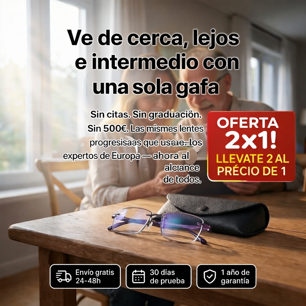 2X1 HOY l Las Únicas Gafas Autograduables Inteligentes Ray™ (Visión clara de cerca, intermedia y lejos en una sola gafa) l Protección Luz Azul y Rayos UV + Funda de cuero GRATIS l 30 días de prueba garantizada