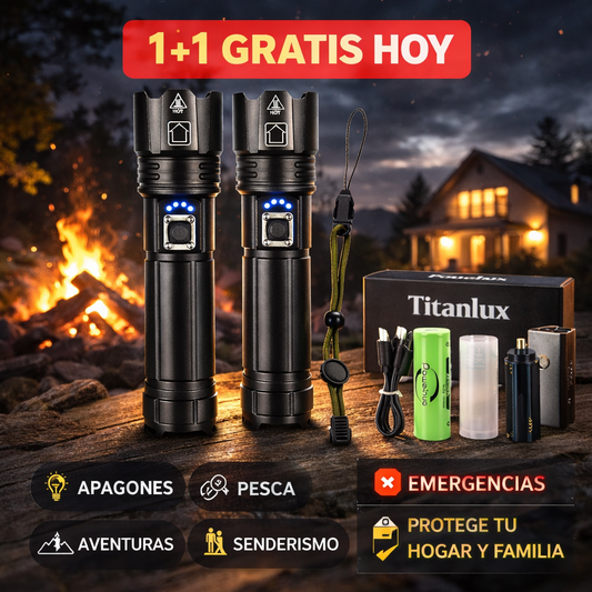 1+1 GRATIS HOY l TitanLux™ Kit Linterna Táctica Profesional - Ideal para Apagones, Emergencias y Protección del Hogar