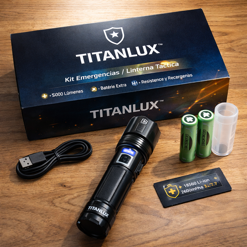 1+1 GRATIS HOY l TitanLux™ Kit Linterna Táctica Profesional - Ideal para Apagones, Emergencias y Protección del Hogar