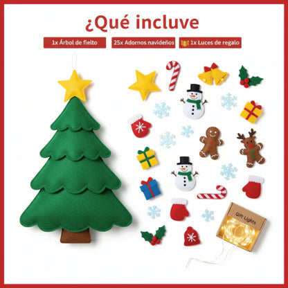 MiPrimerÁrbol™ - Arbol de Navidad de Fieltro con 25 Adornos Adhesivos + Luces Led