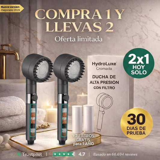 1+1 GRATIS HOY | HYDROLUXE™ Ducha con tecnología AirPress que multiplica la presión x4, sin obras. Ayuda a evitar rojeces y la caída capilar. Incluye 2 filtros GRATIS.